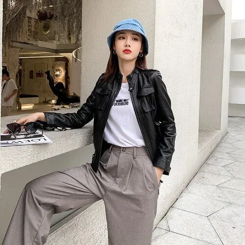 Elegant Fit Women's Genuine Sheepskin Leather Motorcycle Short Slim Jacket