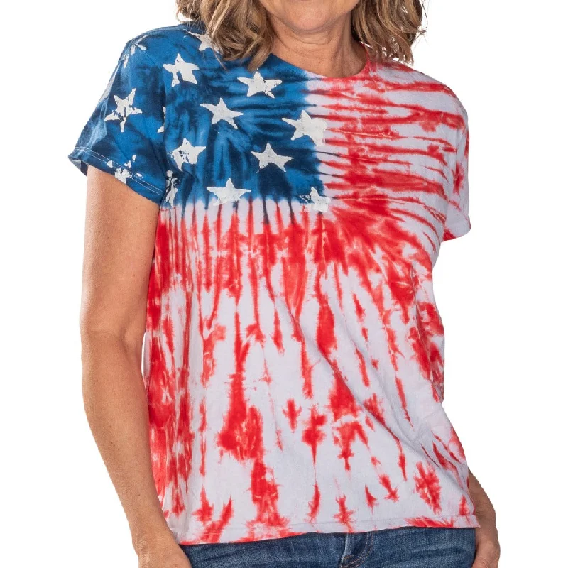 Modern Coats Women's Patriotic Tie Dye Painted Stars T-Shirt