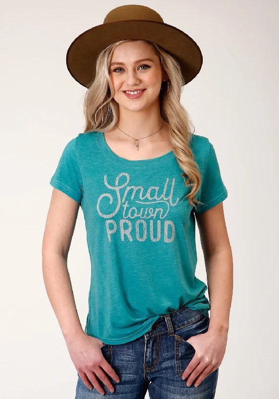 Light Fit Roper Womens Turquoise Poly/Rayon Small Town Proud S/S T-Shirt