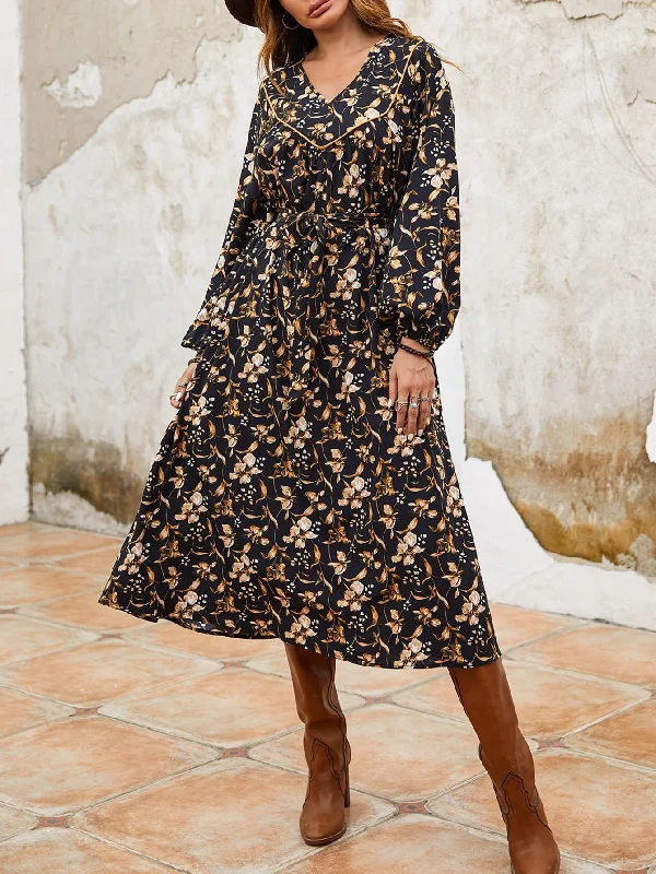 Romantic Temperament All Over Print Belted Long Sleeve V Neck Straight Natural Midi Dress