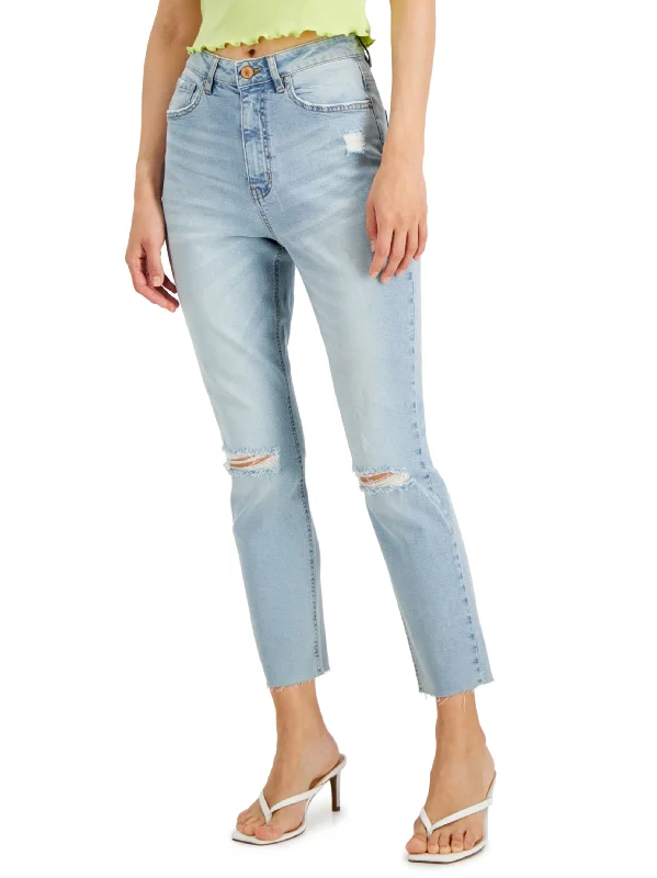 Designer Style Women's Ripped Washed Mom Jeans,Light Blue