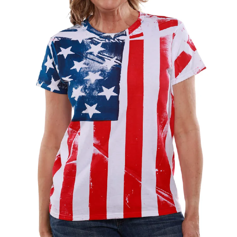 Trendy Joggers Women's American Flag Hand Silk Screen T-shirt