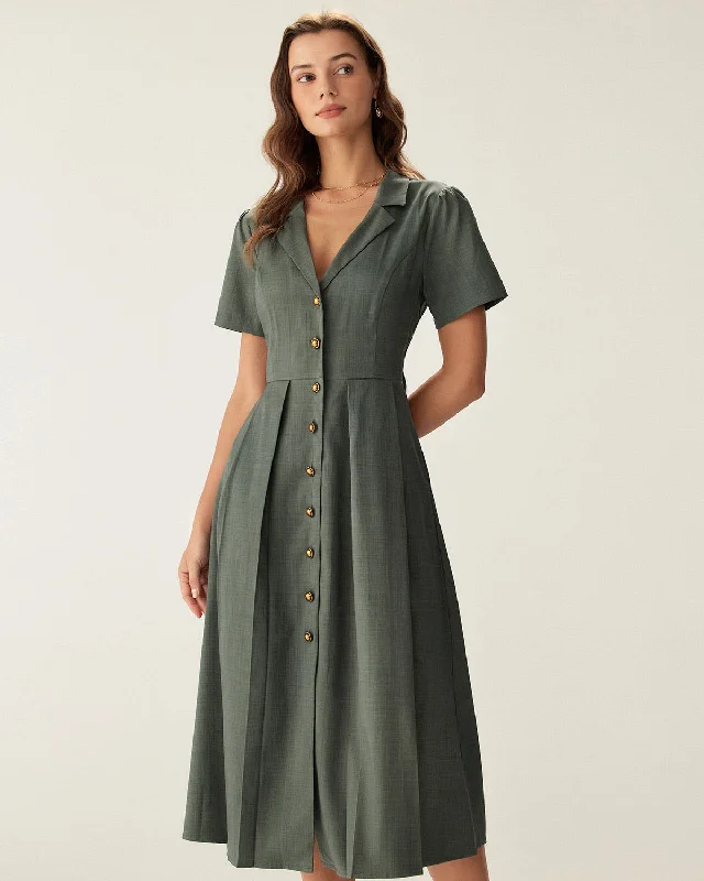 Layered Jackets Green V Neck Pleated Button Midi Dress