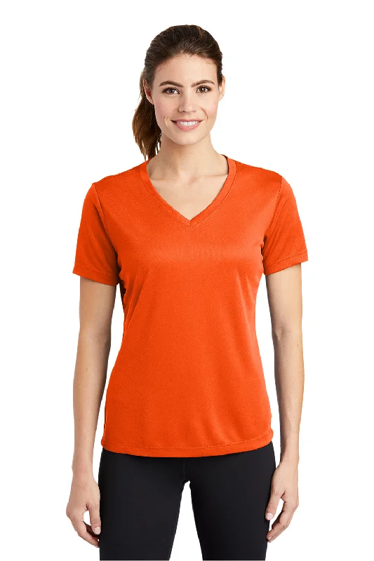Soft Feel Sport-Tek Womens RacerMesh Moisture Wicking Short Sleeve V-Neck T-Shirt - Neon Orange Soft Feel Sport-Tek Womens RacerMesh Moisture Wicking Short Sleeve V-Neck T-Shirt - Neon Orange
