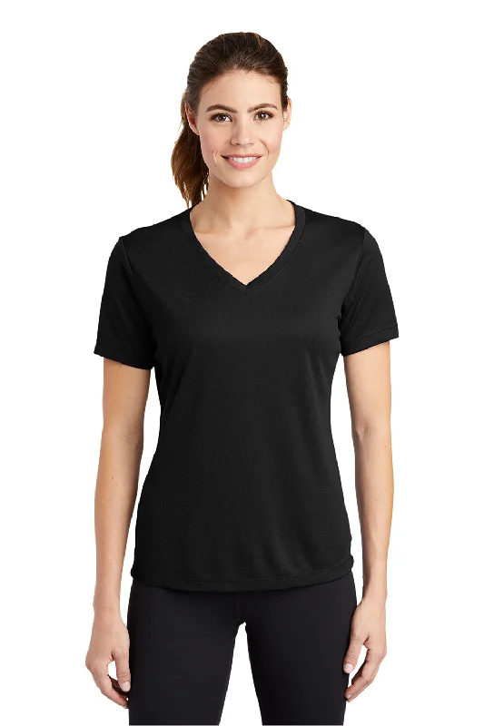 Soft Textures Sport-Tek Womens RacerMesh Moisture Wicking Short Sleeve V-Neck T-Shirt - Black Soft Textures Sport-Tek Womens RacerMesh Moisture Wicking Short Sleeve V-Neck T-Shirt - Black