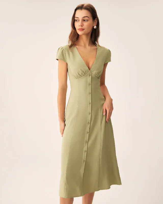 Casual Polos Green V-Neck Button Midi Dress