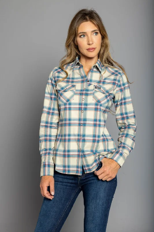 Relaxed Style Kimes Ranch Womens Stroker Plaid Dark Blue Cotton Blend L/S Shirt
