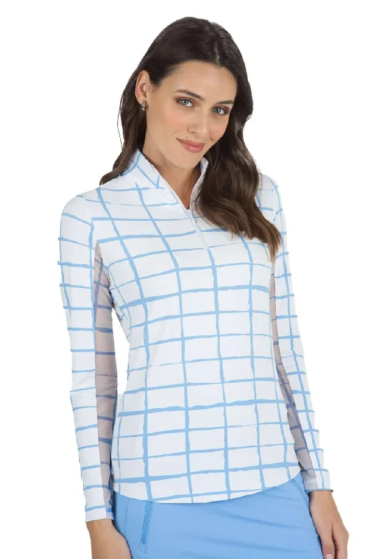 Elegant Series IBKUL Womens Cordova Print Long Sleeve Mock Neck Top - White/Peri