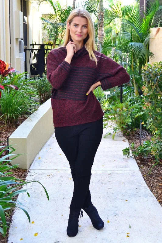 Summer Selection Burgundy Batwing Rolled Neck Stripe Tunic Jumper