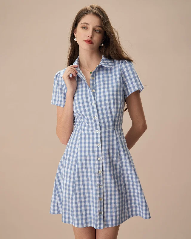 Work Boots Women's Blue Plaid Lapel Cotton Mini Dress