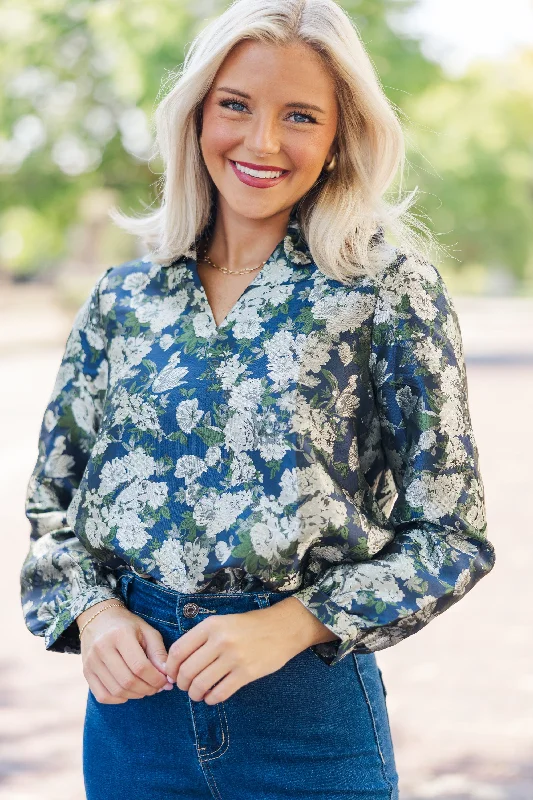 Classic Series On Your Mind Navy Blue Floral Brocade Blouse