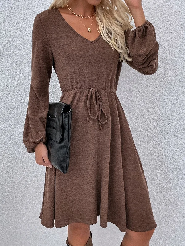 Warm Comfort Plain Fake Drawstring Long Sleeve V Neck Flared Natural Short Dress