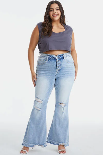 Sports Cool BAYEAS Full Size Distressed Raw Hem High Waist Flare Jeans