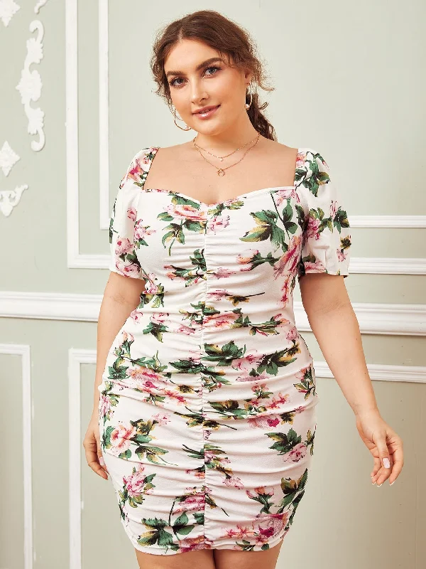 Casual Blazers Elegant Floral Ruched Short Sleeve Sweetheart Pencil Natural Short Plus Size Dress