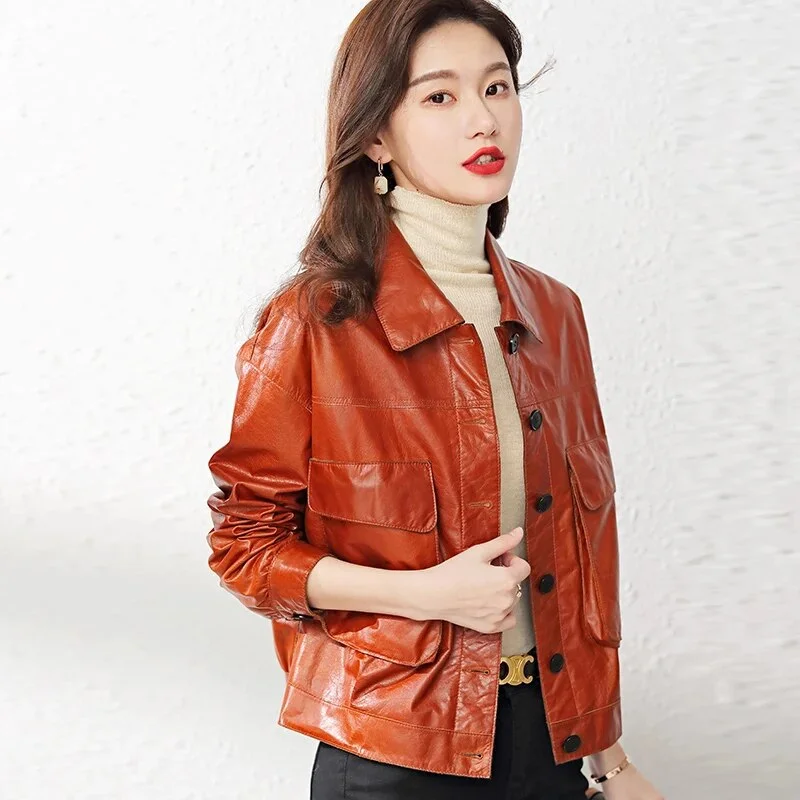 Weekend Comfort Wear Women's Korean Fashion Cowhide Leather Big Pocket Loose Short Jacket