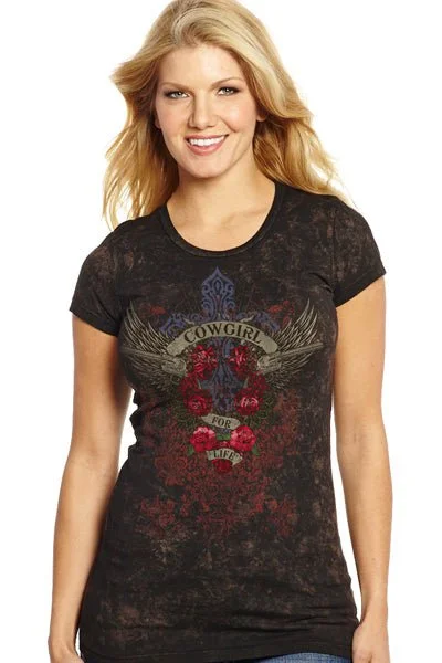 Leather Sneakers Cowgirl Up Womens Vintage Black 100% Cotton For Life V-Neck T-shirt S/S