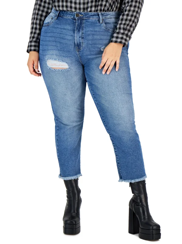 Noble Temperament Women's Ripped Washed Frayed Jeans,Blue