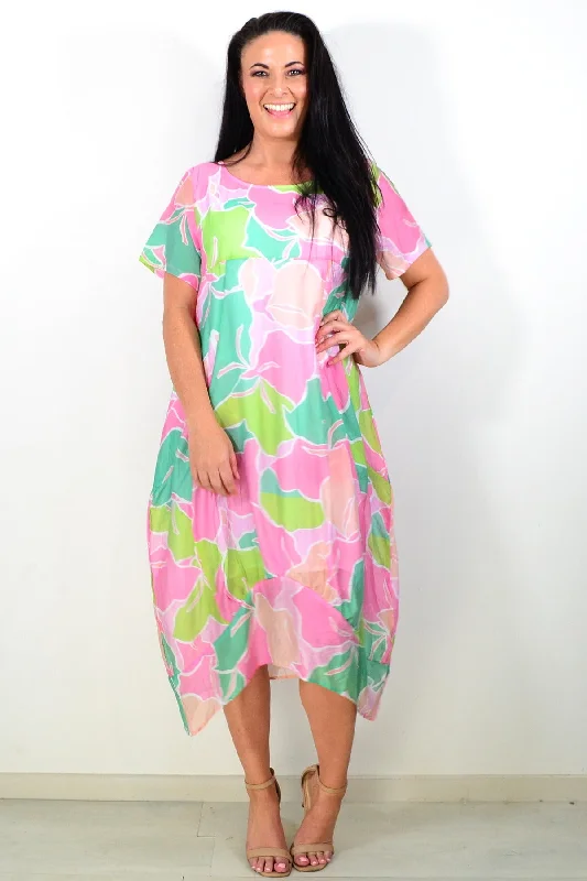 Relaxed Shirts Pink Lime Short Sleeves Tunic Dress