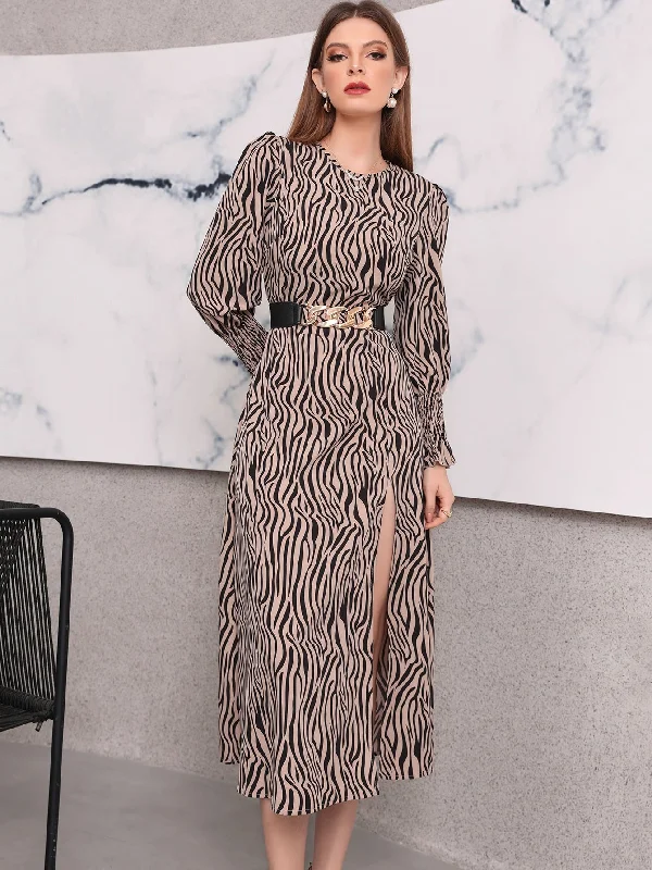 Sports Style Zebra Stripe Shirred Long Sleeve Round Neck Slit High Waist Long Dress