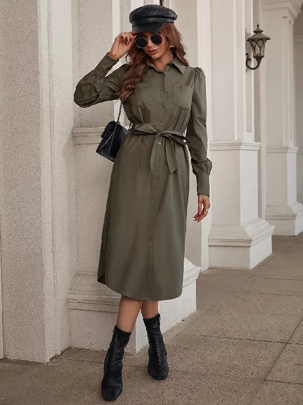 Soft Fashion Plain Button Front Long Sleeve Collar Straight High Waist Midi Dress