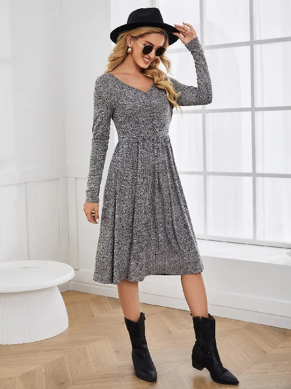 High Street Series Plain Rib-Knit Long Sleeve V Neck Flared High Waist Midi Dress