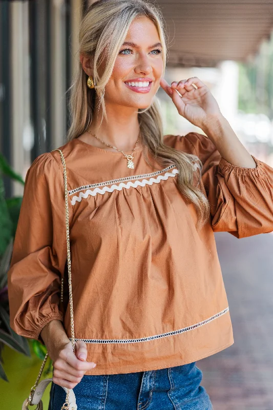 High-end Sense Get A Move On Camel Brown Rickrack Blouse