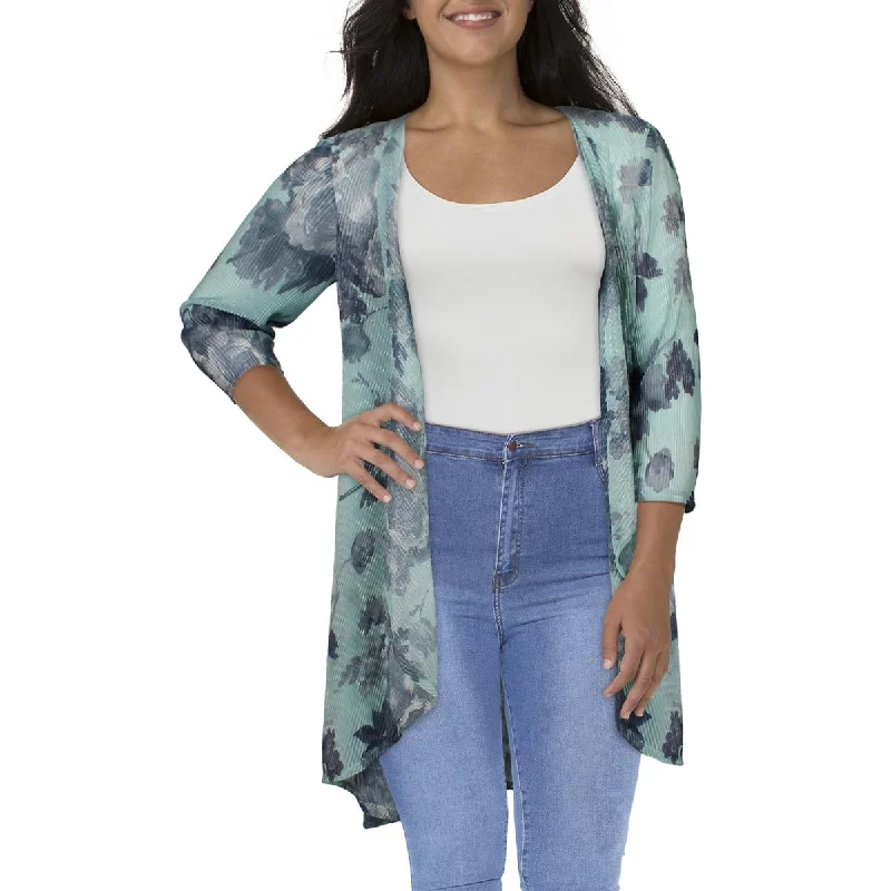 Soft Looks Plus Womens Crinkled Floral Duster Blazer