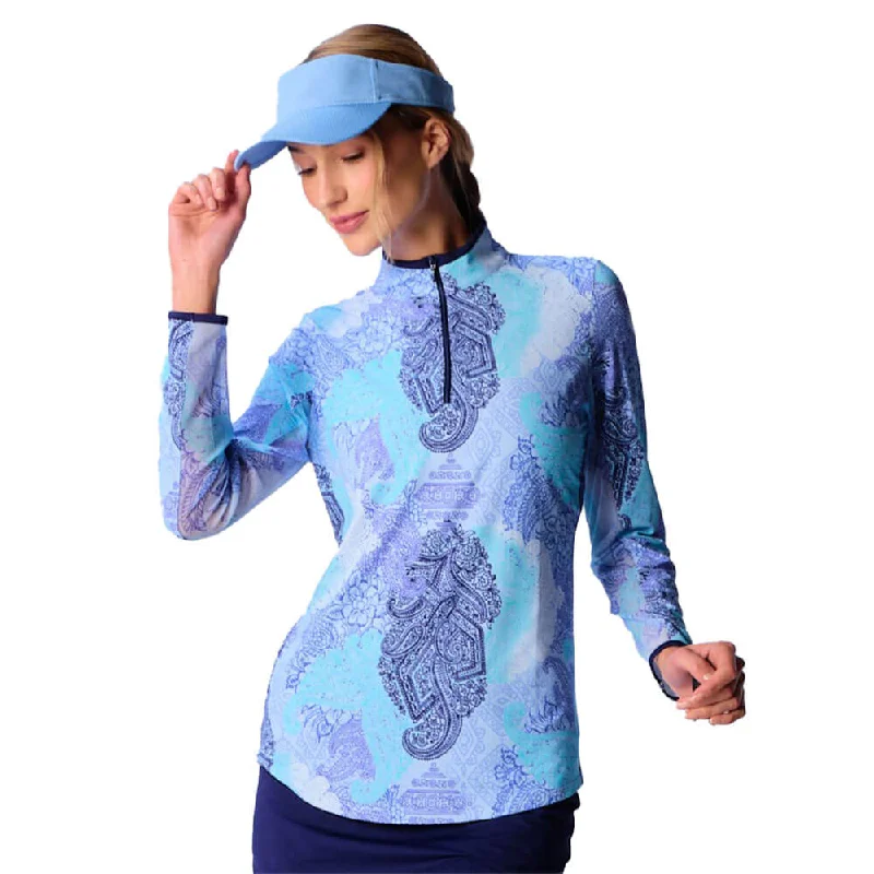 Youthful Style G Lifestyle Long Sleeve Collar Block Zip Mock Neck Top - Blue Paisley/True Navy