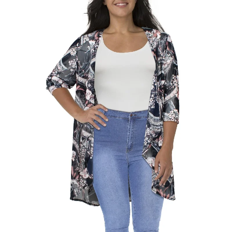 Cozy Sweaters Plus Womens Mesh Printed Duster Blazer