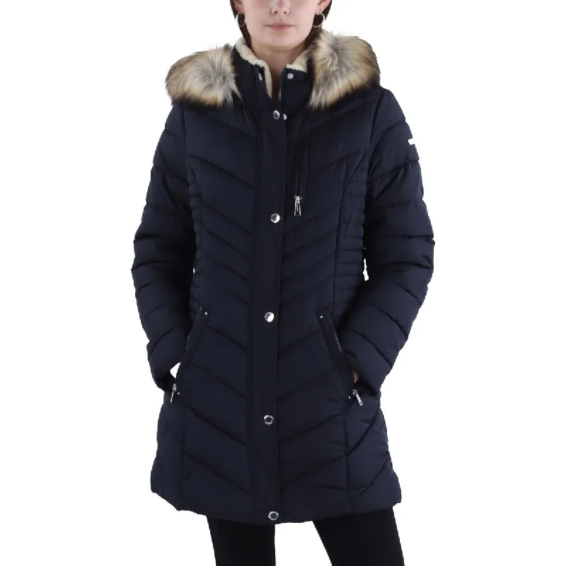 Relaxed Fashion Laundry by Shelli Segal Womens Faux Fur Trim Hooded Puffer Jacket