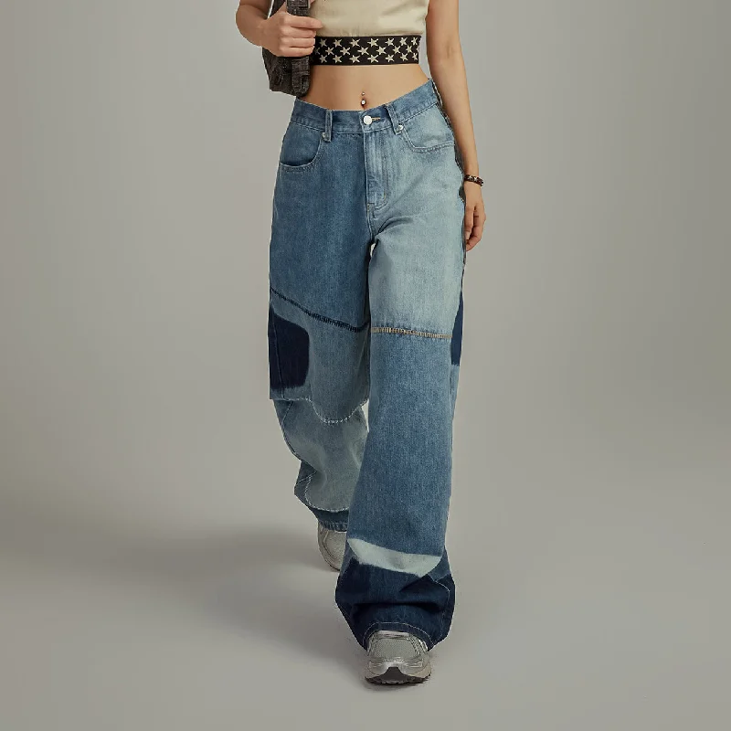 Sports And Leisure Color Matching Patches Wide Denim Jeans