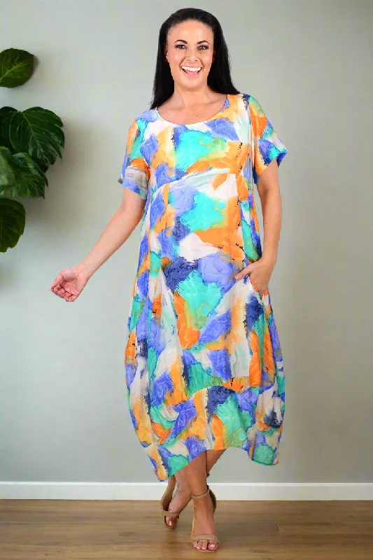 Urban Vests Blue Orange Aqua Short Sleeves Tunic Dress