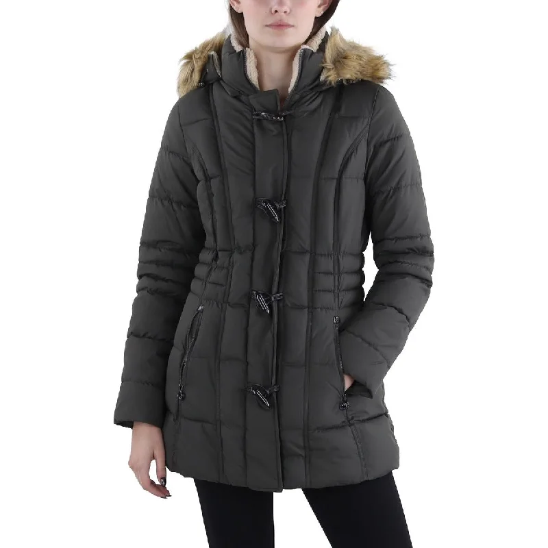 Soft Casuals Laundry by Design Womens Faux Fur Trim Hooded Puffer Jacket
