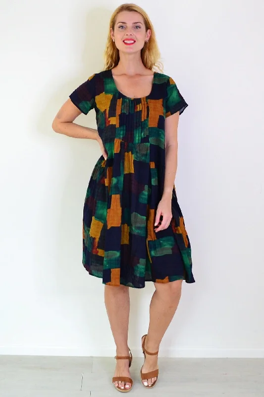 Comfy Chic Wear Mustard Olive Abstract Tunic Dress