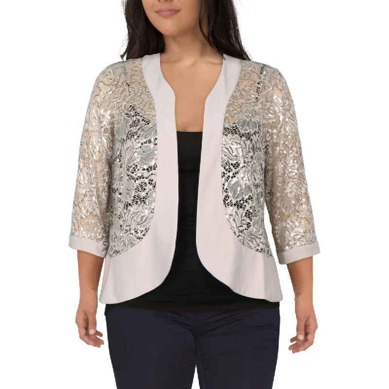 Versatile Style Plus Womens Lace Sequined Open-Front Blazer