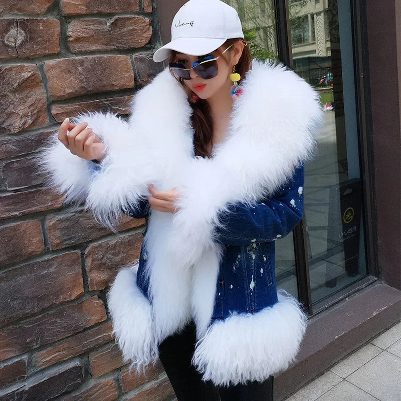 Elegant Wear Women's Winter Polka Dot Wool Lined Luxurious Fur Collar Denim Jacket