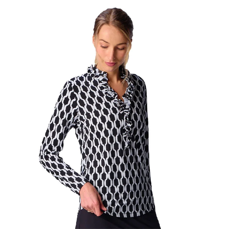 Cozy Chic G Lifestyle Long Sleeve Print Double Ruffle Top - Black Geo