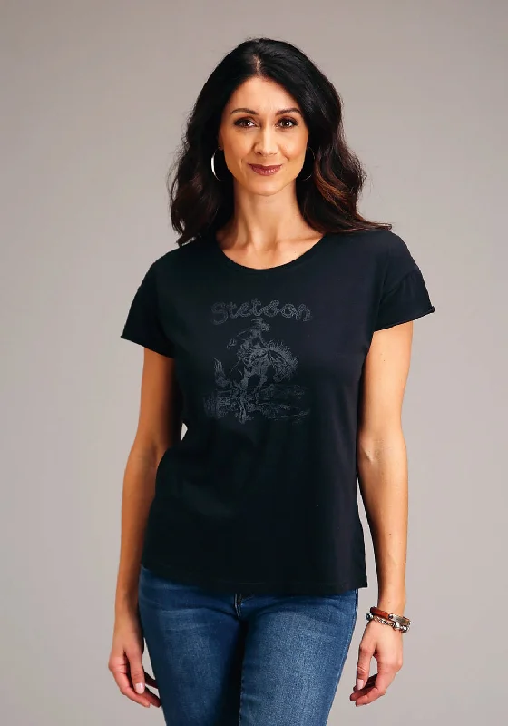 Breathable Style Stetson Womens Black 100% Cotton Bronc Rider S/S T-Shirt