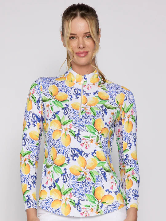 Body Design G Lifestyle Long Sleeve Print Zip Mock Neck Top - Blue Lemon