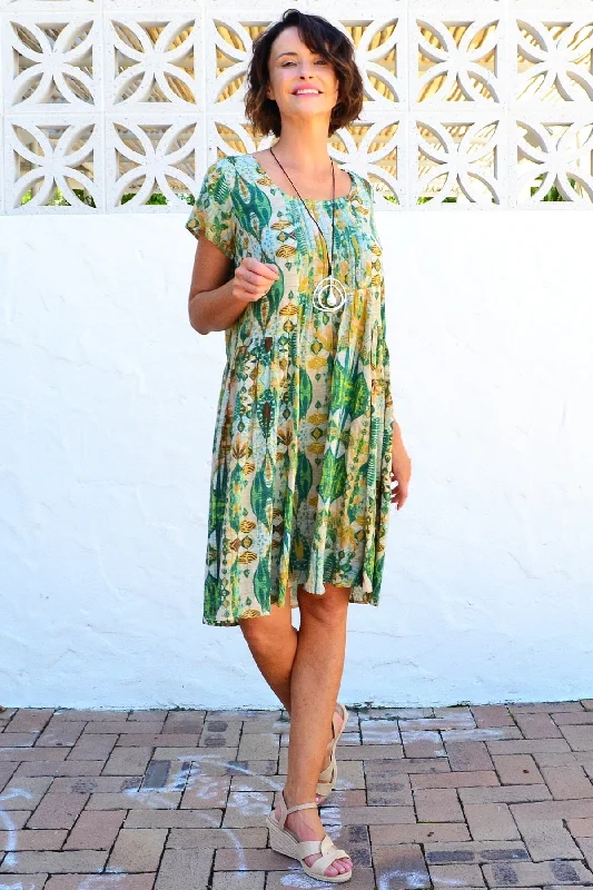 Trendy Wear Abstract Green Pintuck Pleats Tunic Dress