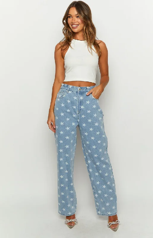 Cool Breeze At Night Eli Star Print Mid Wash Wide Leg Denim Jeans
