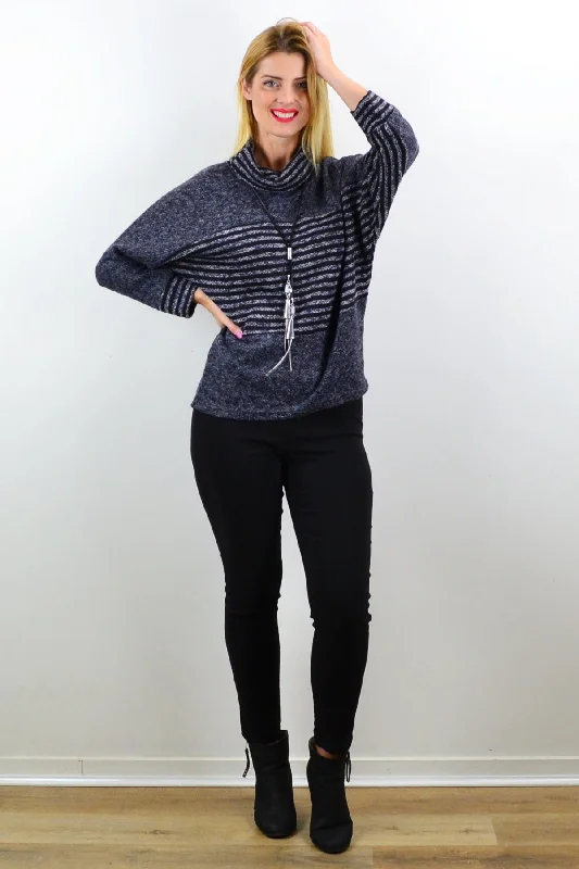 Celebrity Style Grey Batwing Rolled Neck Stripe Tunic Jumper