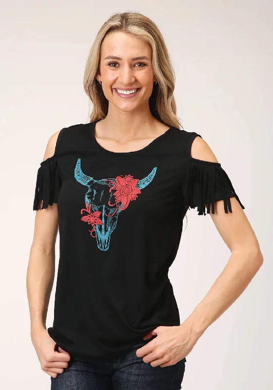 Soft Knitwear Roper Womens Black Poly/Rayon Cold Shoulder S/S Longhorn T-Shirt