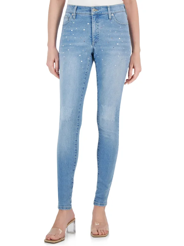 Elegant And Lazy Women's Embellished Washed Jeans,Light Blue