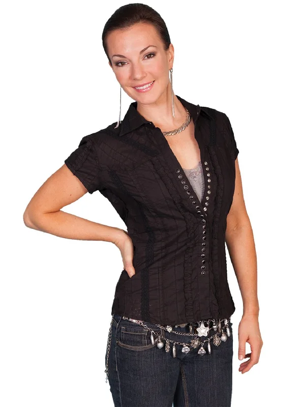 Street Shorts Scully Honey Creek Womens Black 100% Cotton Cap Sleeve Pleated Blouse