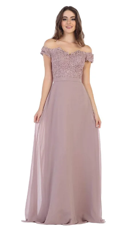 Sporty Jackets May Queen - MQ1601 Lace Appliqued Chiffon Off Shoulder Formal Gown