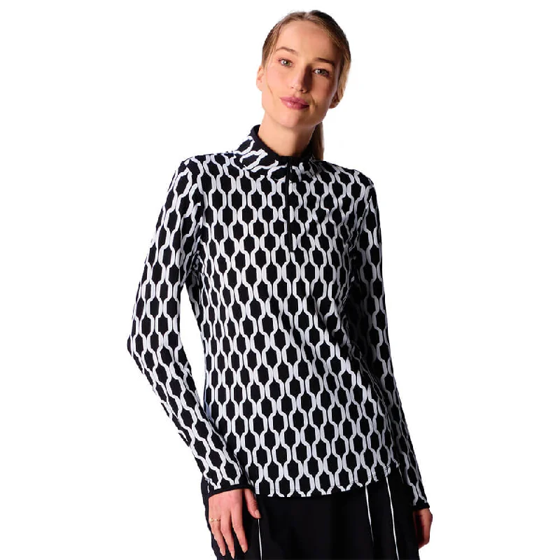 Versatile Itinerary G Lifestyle Long Sleeve Collar Block Zip Mock Neck Top - Black Geo/Black
