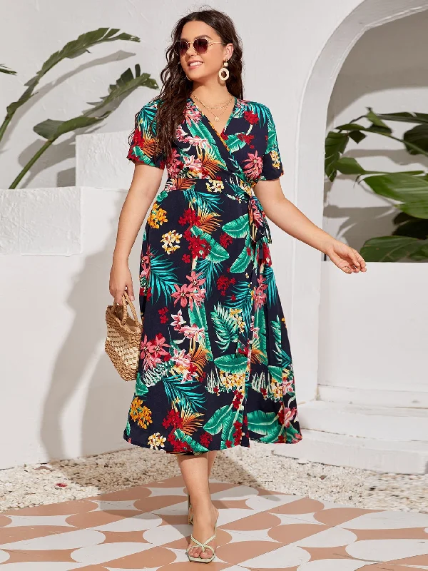 Relaxed Fashion Boho Tropical Wrap Short Sleeve V Neck Wrap High Waist Long Plus Size Dress Relaxed Fashion Boho Tropical Wrap Short Sleeve V Neck Wrap High Waist Long Plus Size Dress