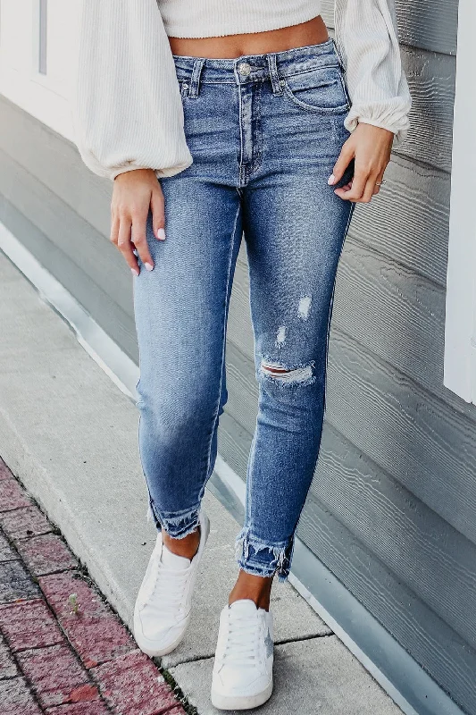 New Products Raw Hem Distressed Jeans with Pockets