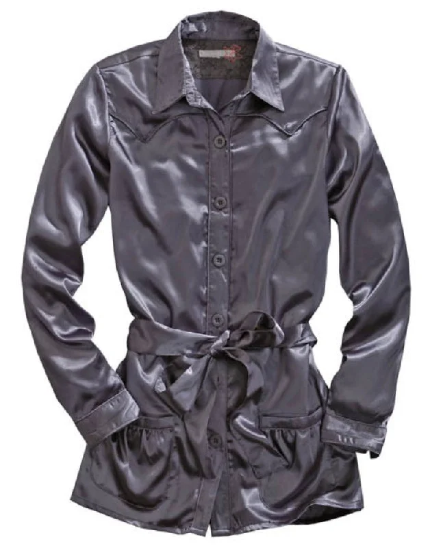 Fashion Concept Tin Haul Womens Self Belted Western Grey 100% Polyester L/S Shirt